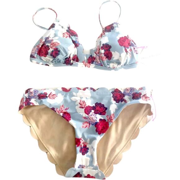 NWT Vanilla Beach Medium Bikini Scallop Roses Blue Swim Top Bottom LOT #BOX10 - Picture 1 of 10